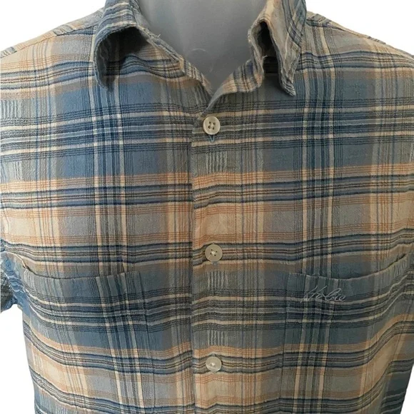 Hobie Surf Plaid Light Blue & Tan Short Sleeve Collared Shirt Men S Small - Picture 2 of 6